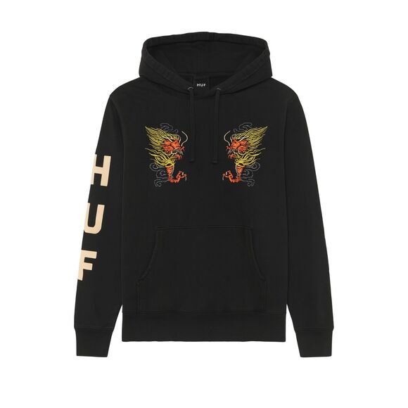 Dragon Embroidered Hoodie Black Heavyweight Streetwear Pullover S HUF - Picture 1 of 7